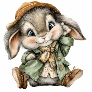 Puede incluir: Una linda ilustraci&oacute;n de un conejito con gorra marr&oacute;n, chaqueta verde y bufanda. El conejito tiene una expresi&oacute;n amigable con mejillas rosadas y usa zapatos marrones. El estilo general es caprichoso y encantador.