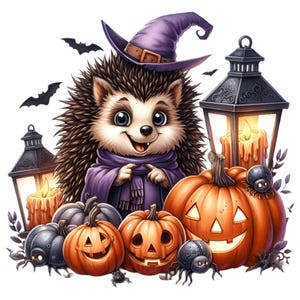 14 Halloween hérisson Clipart PNG, hérisson sorcière avec citrouilles et lanternes, art animalier effrayant Halloween