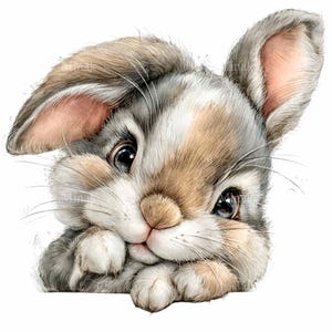 Puede incluir: Ilustraci&oacute;n en acuarela de un lindo conejito con pelaje gris, marr&oacute;n y blanco. El conejito tiene ojos grandes y oscuros y apoya sus patas en una superficie. La imagen tiene un ambiente suave y caprichoso.