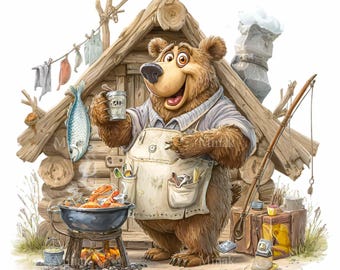 15 PNG Fisherman Bear Clipart, Cartoon Camping Cooking Graphics