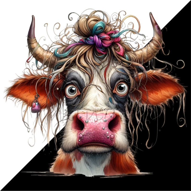 Serietidningar Ko Roliga Bondgårdsdjur Färgglada Tecknade Clipart 12 PNG, Sublimering Utskrivbar, Väggkonst bild 8