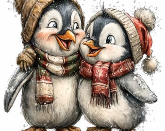 15 PNG Winter Penguin Couple Clipart, Christmas Bird Sublimation