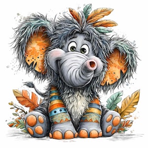 Puede incluir: Ilustración caprichosa de un elefante de dibujos animados con cuerpo gris, orejas grandes y trompa. El elefante está adornado con plumas coloridas y calentadores de piernas estampados. La imagen tiene un efecto acuarela con salpicaduras de color.