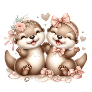 12 cliparts PNG couple adorable loutre avec noeuds roses, bandeau floral et perles, paire d'animaux mignons pour baby shower et chambre d'enfant