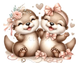 12 Twin Baby Otters With Pink Bow Png, Pearl Necklace Sublimation Glitter Clipart