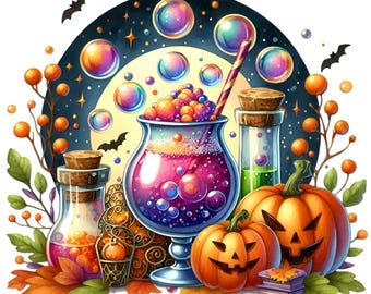 12 Halloween Potion Drink Png, Bubbly Cocktail Pumpkin Moon Magic Artwork