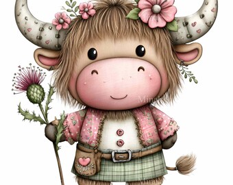 19 PNG Highland Cow Scottish Thistle Clipart Plaid Skirt Floral