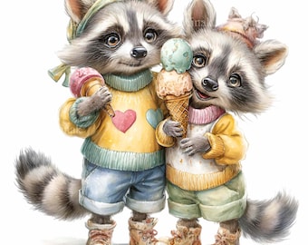 15 PNG Raccoon Pair Ice Cream Clipart, Summer Party Invitation