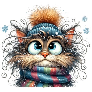 12 cliparts PNG drôle de chat d'hiver avec de grands yeux, des flocons de neige, un chapeau et une écharpe rayée pour des cartes de Noël, décoration d'animal de compagnie, art de sublimation