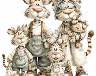 15 PNG Tiger Family Clipart, Vintage Animal Portrait Sublimation Design