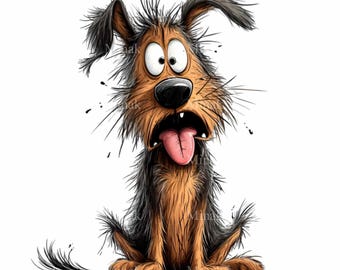 12 PNG Funny Dog Clipart – Goofy Cartoon Puppy PNG with Wild Fur and Tongue Out – Pet Lover Humor for Cards, Sublimation, Mugs, Stickers