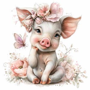 16 PNG Baby Pig Clipart, Floral Piglet Illustration, Farm Nursery Animal, Pastel Sublimation Graphic image 2