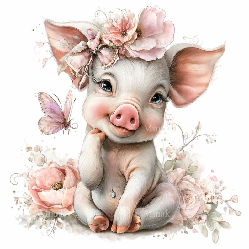16 PNG Baby Pig Clipart, Floral Piglet Illustration, Farm Nursery Animal, Pastel Sublimation Graphic image 2