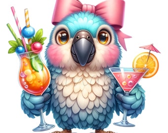 10 PNG Cute Parrot with Cocktails Clipart, Funny Tropical Bird Bow, Summer Party Parrot Sublimation Digital Download