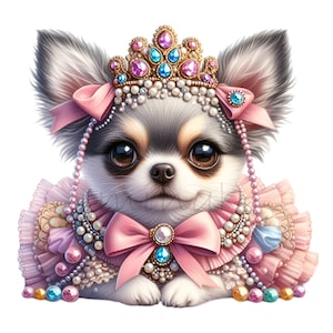 10 Principessa Chihuahua PNG Clipart – Cane carino con tiara, perle, fiocchi e vestito – Glamorous Puppy Digital Art