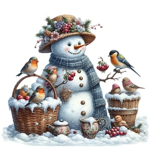 15 cliparts PNG vintage de bonhomme de neige avec des oiseaux d'hiver, des baies et des tasses de thé pour la décoration de Noël, la sublimation, la conception d'artisanat de vacances