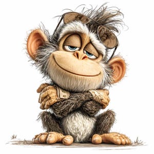 May include: A cartoon monkey with brown fur, wearing sunglasses on its head and a smug expression. The monkey has its arms crossed and is sitting down. The image is a digital illustration with a white background.