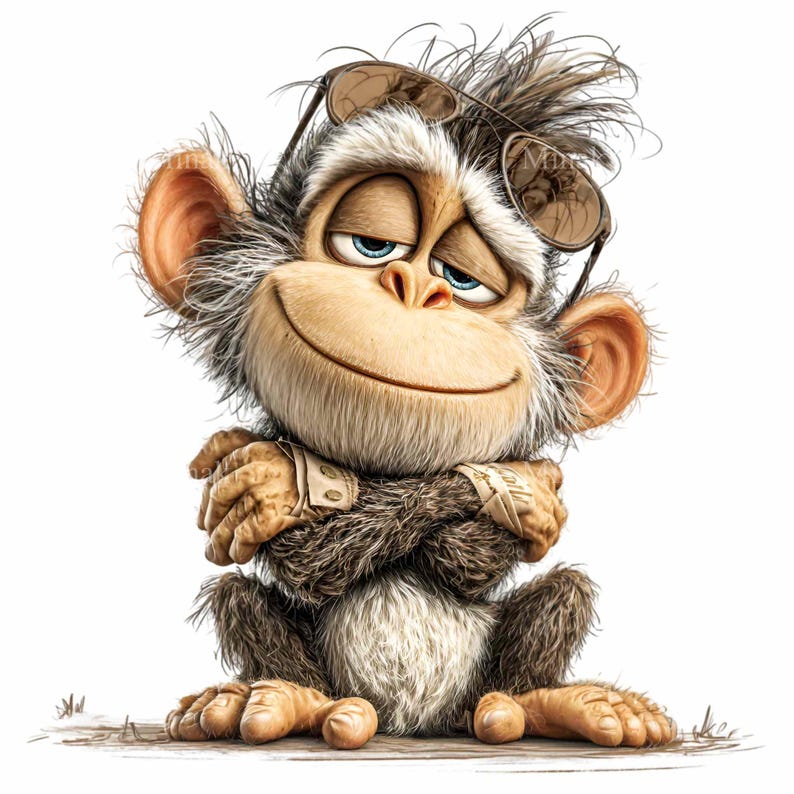 May include: A cartoon monkey with brown fur, wearing sunglasses on its head and a smug expression. The monkey has its arms crossed and is sitting down. The image is a digital illustration with a white background.