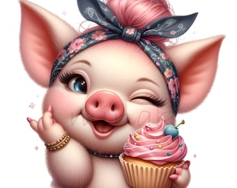 10 PNG Cupcake pig clipart – Cute piglet sweet – Digital download for bakers, kids party decor, invitations, scrapbooking, craft projects