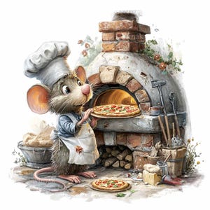 Op de afbeelding: Een grillige illustratie van een muizenkok die pizza's bereidt in een bakstenen oven. De muis, met een koksmuts en schort, houdt een pizza met rode tomaten en groene basilicum vast. Een tweede pizza ligt op de grond. De oven is gemaakt van rode bakstenen.