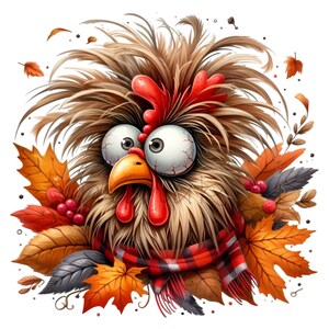 12 verrücktes Huhn PNG Clipart - lustiger flauschiger Hahn mit wilden Augen, Herbstblättern und Schal - Hilarious Autumn Farm Art