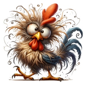 12 imágenes PNG de pollos locos con ojos grandes, plumas desordenadas, ilustración cómica de pájaro y diseño de sublimación de animales de granja.