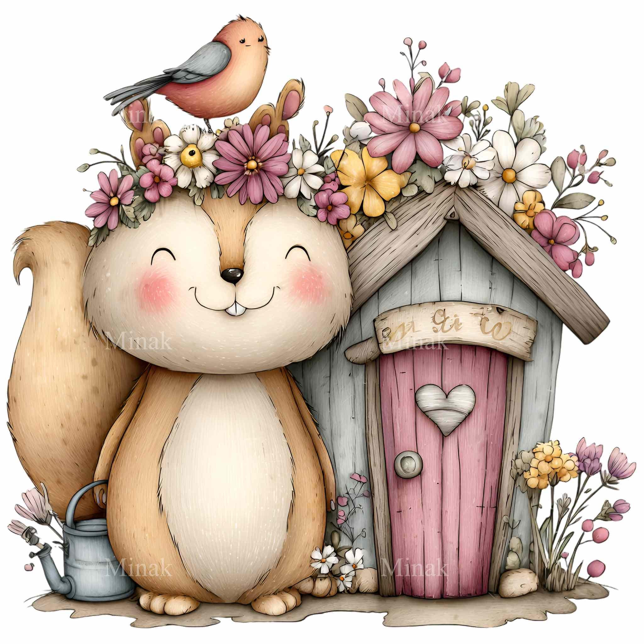 15 PNG Spring Squirrel Clipart – Woodland Animal Pair With Flowers PNG ...