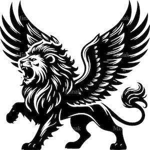6 file di taglio SVG con leone alato - Clipart di leone mitologico - Silhouette di bestia araldica per Cricut e incisione laser