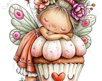 12 PNG Fairy Cupcake Clipart, Sleeping Angel Cake Dessert Sublimation