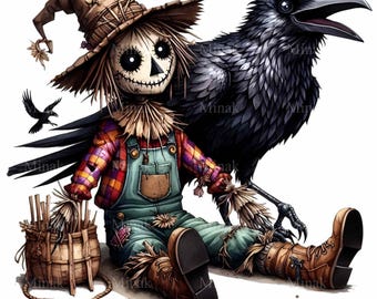 11 Scarecrow Raven Png, Crow Harvest Art Sublimation Design Halloween Bird Graphic