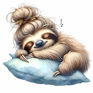 Può includere: Illustrazione ad acquerello di un bradipo che dorme con uno chignon disordinato, appoggiato su un cuscino azzurro. Il bradipo ha gli occhi chiusi e un dolce sorriso, con la parola "Zzz" sopra.