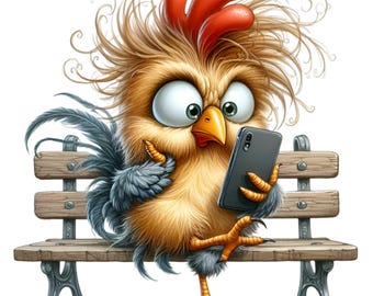 10 PNG Chicken PNG Clipart – Funny Rooster Using Phone Illustration, Modern Farm Animal Character