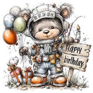 10 PNG clipart de cumpleaños espacial – Animal astronauta PNG – Lindo diseño de celebración para invitaciones de fiesta infantil, decoración, tarjetas y regalos