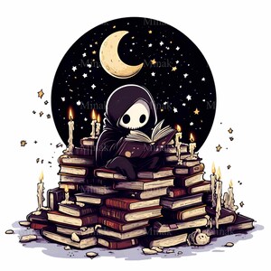 20 imágenes prediseñadas de la Parca: Lectura a la luz de la luna, Libros apilados, Velas, Noche estrellada, Estética espeluznante (Descarga digital)