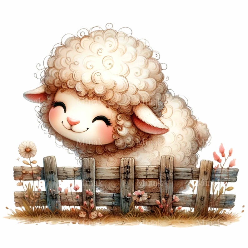 May include: A white fluffy sheep with a pink nose and smiling face peeks over a wooden fence with brown and green grass and flowers.