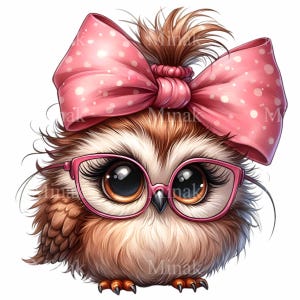 May include: A brown and white owl with large, round eyes wearing pink glasses and a pink bow with white polka dots in its hair.