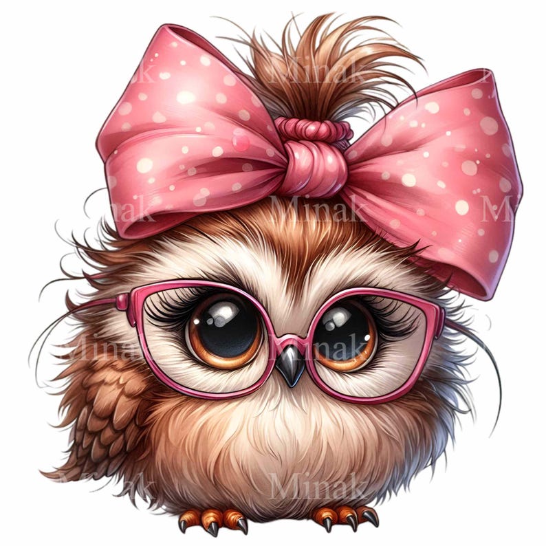 May include: A brown and white owl with large, round eyes wearing pink glasses and a pink bow with white polka dots in its hair.