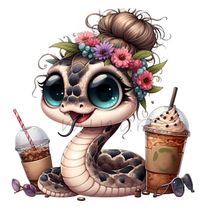 15 Engraçado Cobra Bebendo Café Cartoon Clipart Imprimível Quadrinhos Digitais PNG