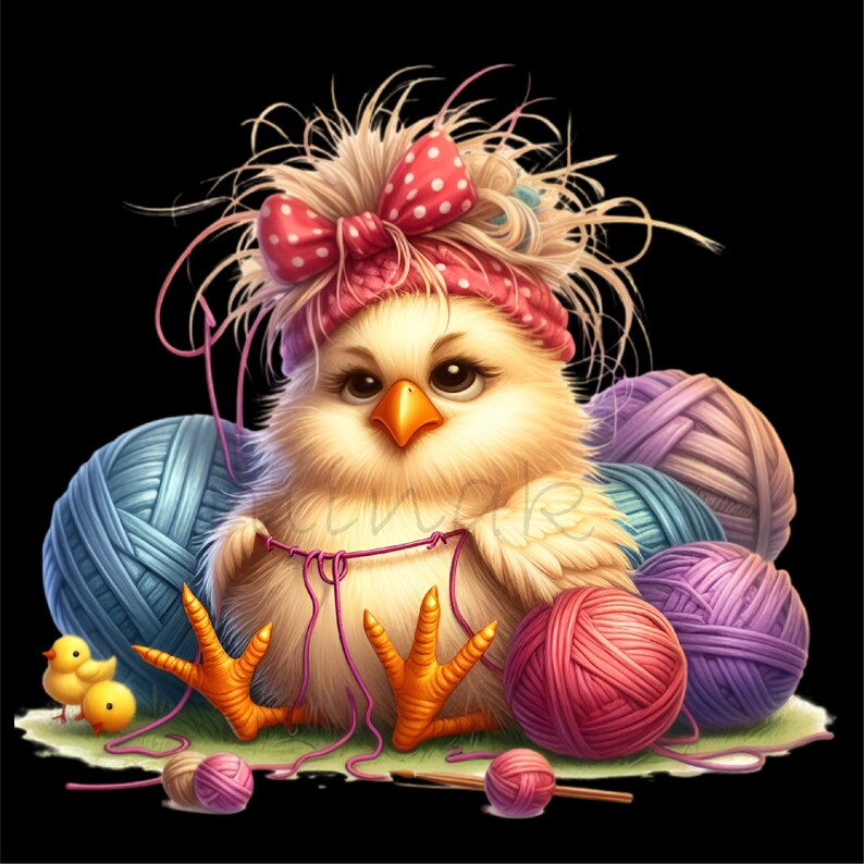 May include: A yellow chick with pink and white polka dot bow and headband is knitting with yarn balls in pink, purple, and blue.