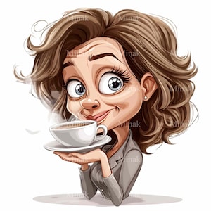 10 Charming Coffee Lover PNG Clipart - Quirky Woman Holding Coffee Cup - Fun Cartoon Art for Projects & Designs