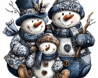 12 PNG Famille de bonhommes de neige, motif bleu hivernal