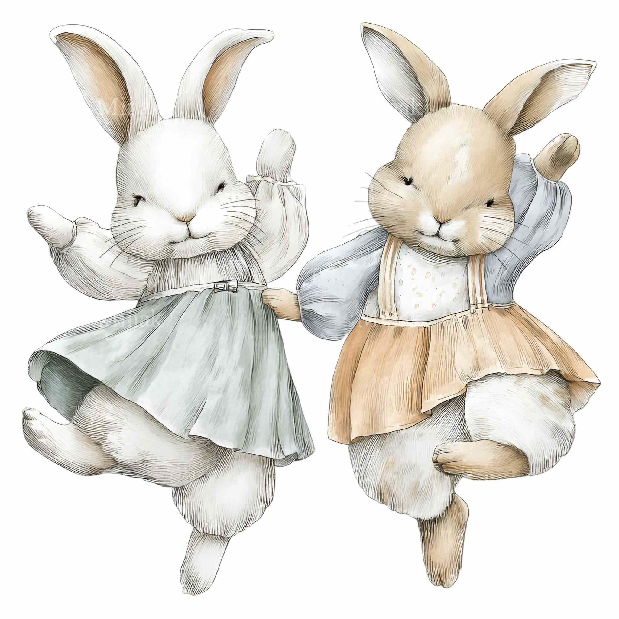 Neutral Rabbit Stuff For Rabbits 22 PNG Bunny Pair Clipart, Dancing Rabbits Illustration, Neutral ...