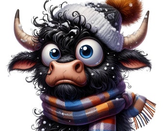 12 Highland Cow PNG Winter Black Bull Calf Clipart Digital Download