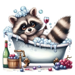 Image clipart raton laveur de bain de vin PNG - Raton laveur relaxant PNG - Art animalier drôle de spa pour des tasses, des impressions d'autosoins, des cadeaux pour amateurs de vin et de l'artisanat