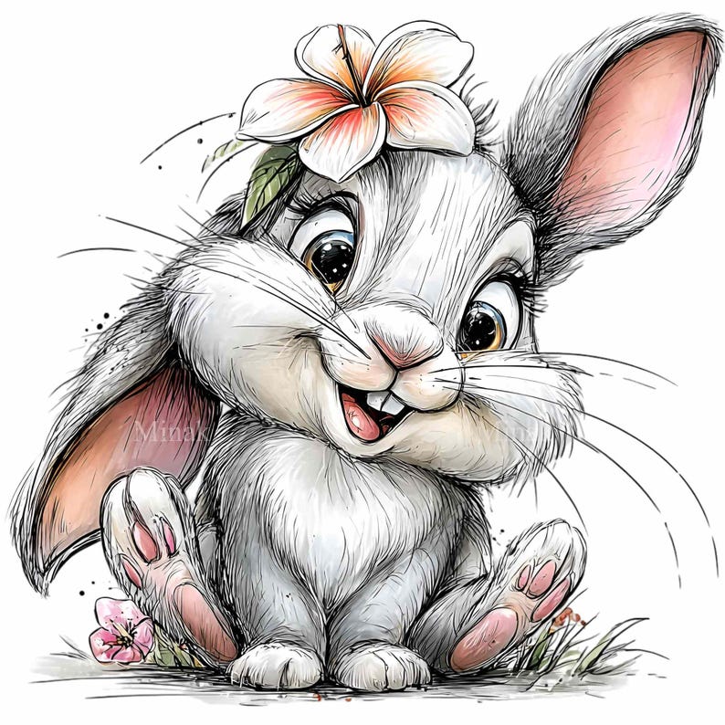 May include: A charming illustration of a smiling bunny with a flower crown. The bunny is depicted in shades of gray and white, with pink accents on its ears and paws. The flower on its head is white and orange. The bunny is sitting on grass with a pink flower.