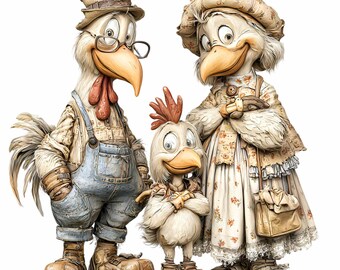 15 PNG Chicken Family Clipart, Farmhouse Rooster Hen Country Bird Sublimation