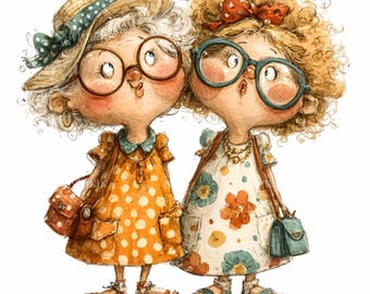 16 photos PNG de vieilles dames amusantes, deux grand-mères avec des lunettes, un nœud et un chapeau à pois, amies
