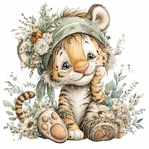 Floral tiger cub clipart – cute safari animal PNG illustration – jungle baby art for nursery wall decor, baby shower, stickers, crafts