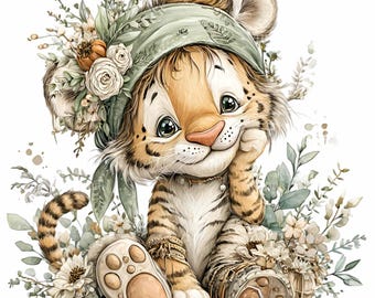 Clipart floral de bébé tigre - jolie illustration d'animal de safari - oeuvre d'art pour bébé dans la jungle pour décoration murale de chambre de bébé, baby shower, autocollants, travaux manuels