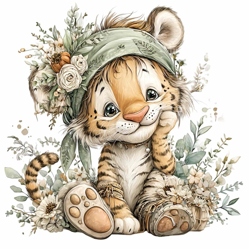 Floral tiger cub clipart – cute safari animal PNG illustration – jungle baby art for nursery wall decor, baby shower, stickers, crafts